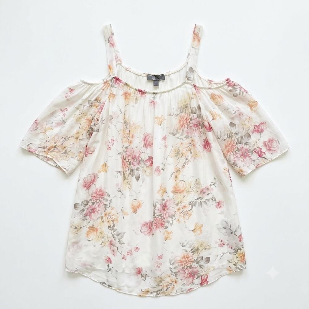 M Made In Italy Silk Floral Sheer Overlay Off The Shoulder Top Womens Small